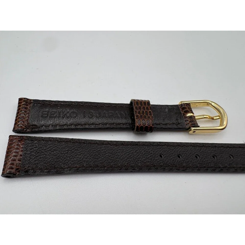 Vintage OEM Seiko Brown Lizard-Grain Leather Watch Strap 13mm Gold-Tone Buckle